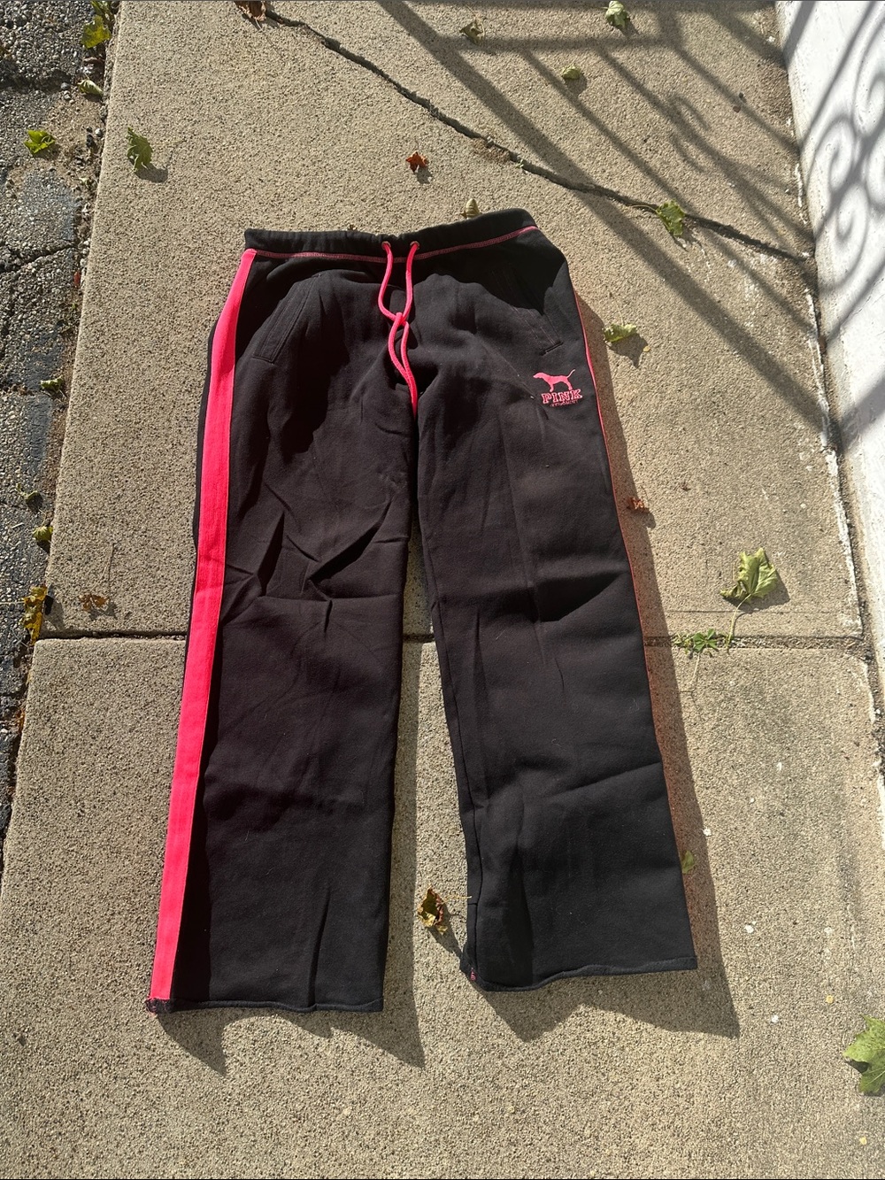PINK Victoria's Secret Black Wide Leg Sweatpants with Pink Stripe size M worn